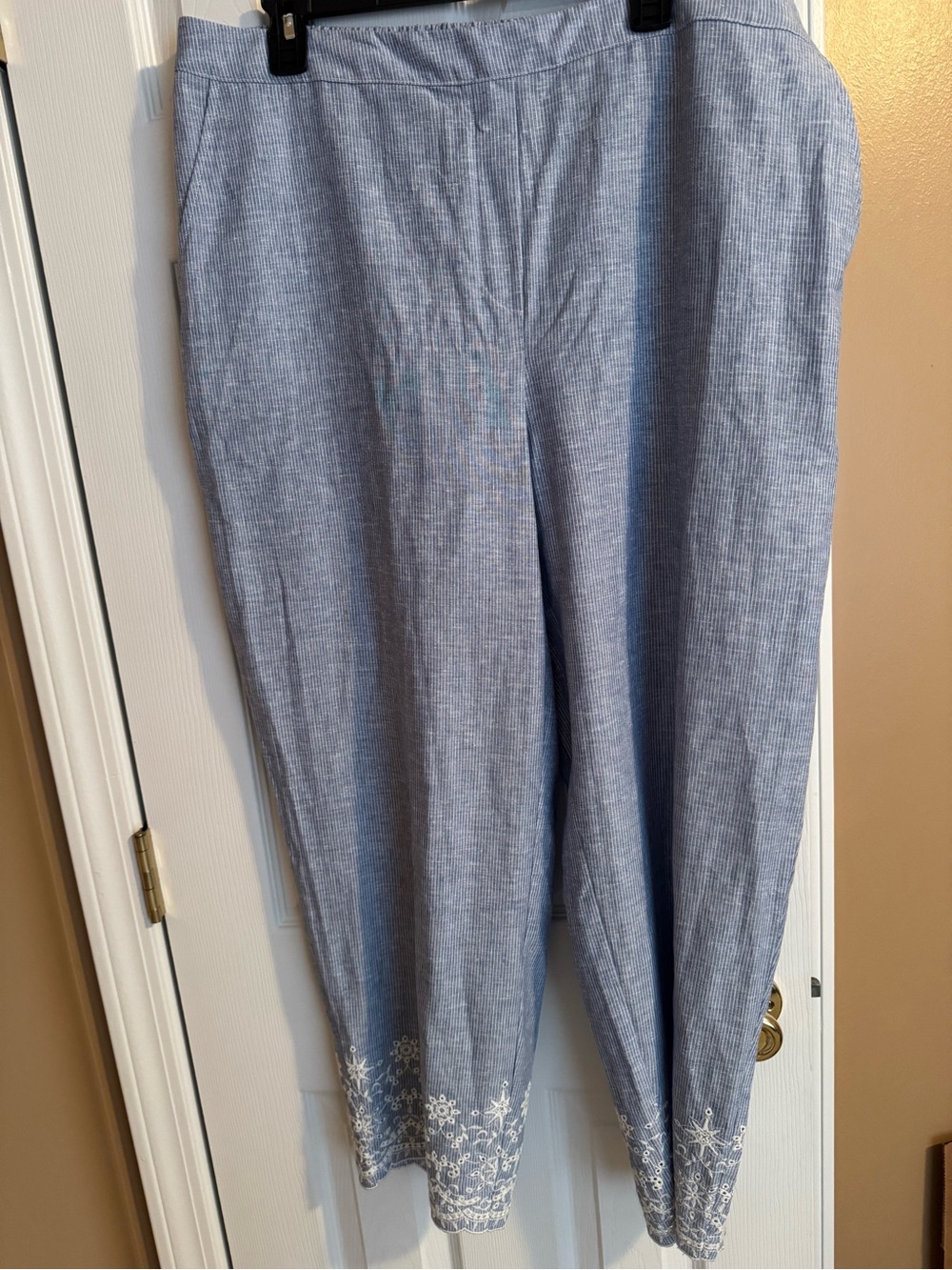 Chico's Light Blue Straight-Leg Pants with White Embroidered Hem